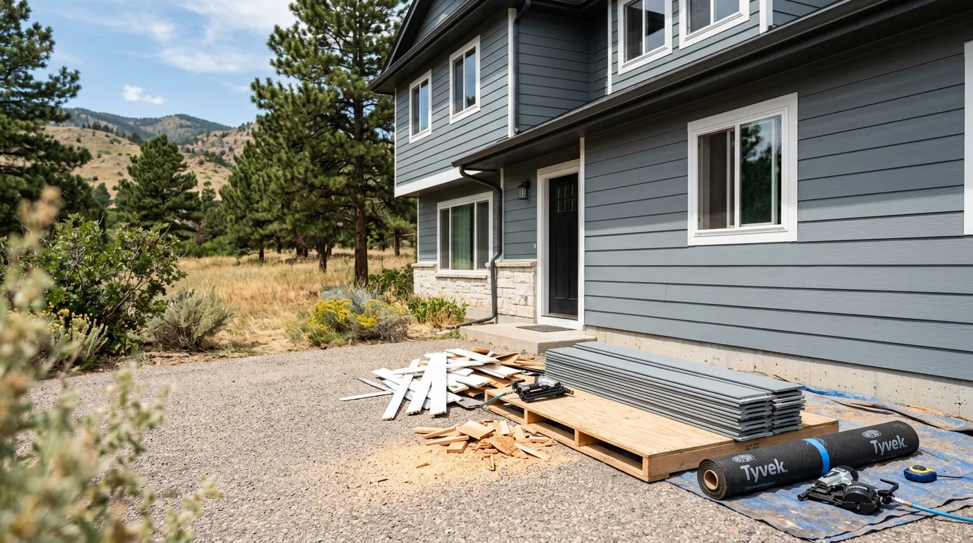 Freshly installed exterior siding on a single-family home in Littleton, Colorado, with clean panel lines and updated trim visible against a blue Front Range sky. The completed re-side shows full wall coverage from foundation to roofline on a residential street.