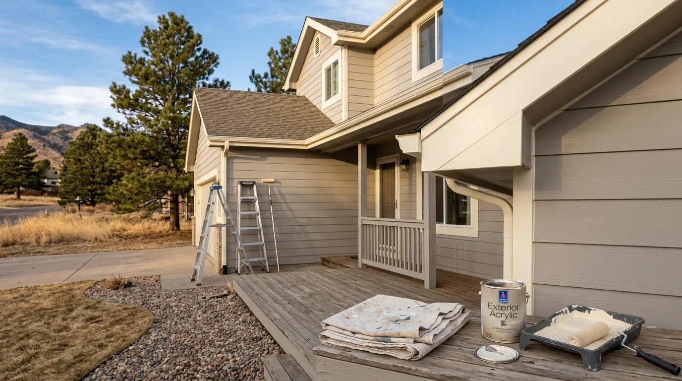A Littleton, Colorado home with freshly painted exterior siding and white trim, showing clean color coverage on wood and vinyl surfaces against a clear Colorado sky. Close detail of smooth, even paint application on the front facade and door of a residential property in the Littleton area.