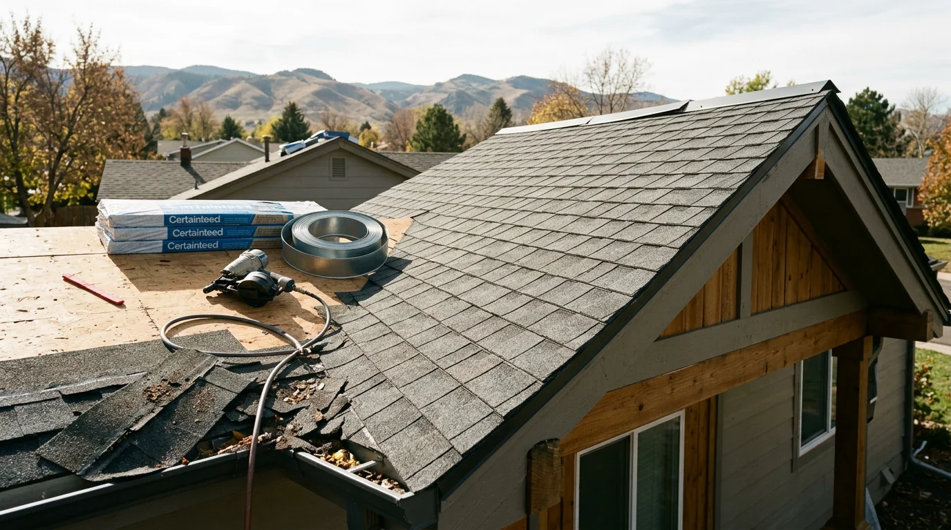 A completed residential roof replacement on a single-family home in Littleton, Colorado, with clean ridge lines and new field shingles visible against a blue Front Range sky. A Crestline Exteriors crew works on a commercial flat roof in the Douglas County area, with sealed membrane seams and rooftop units visible in the background.