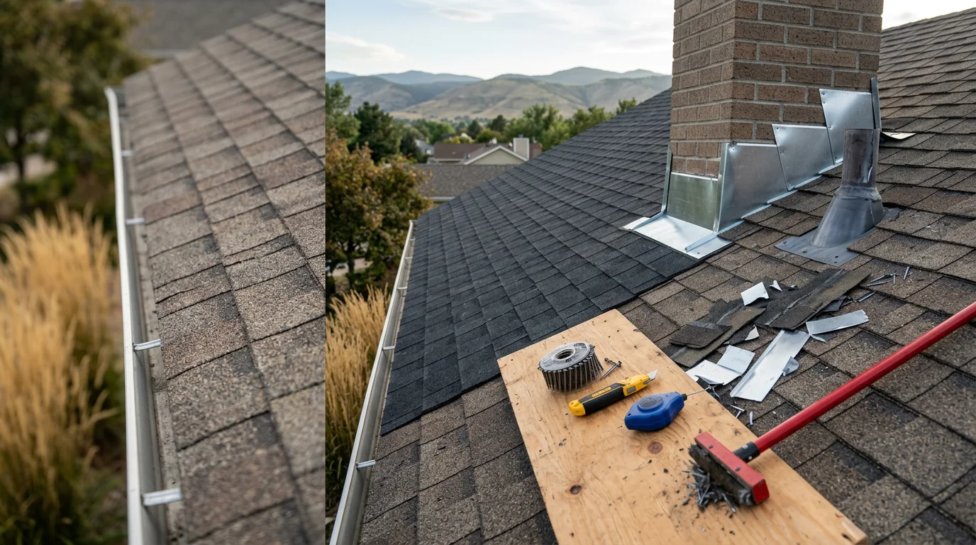 A residential roof in Littleton, Colorado showing repaired shingles and flashing along a wall transition after storm damage. The repair blends with the surrounding roof surface against a backdrop of Colorado foothills.