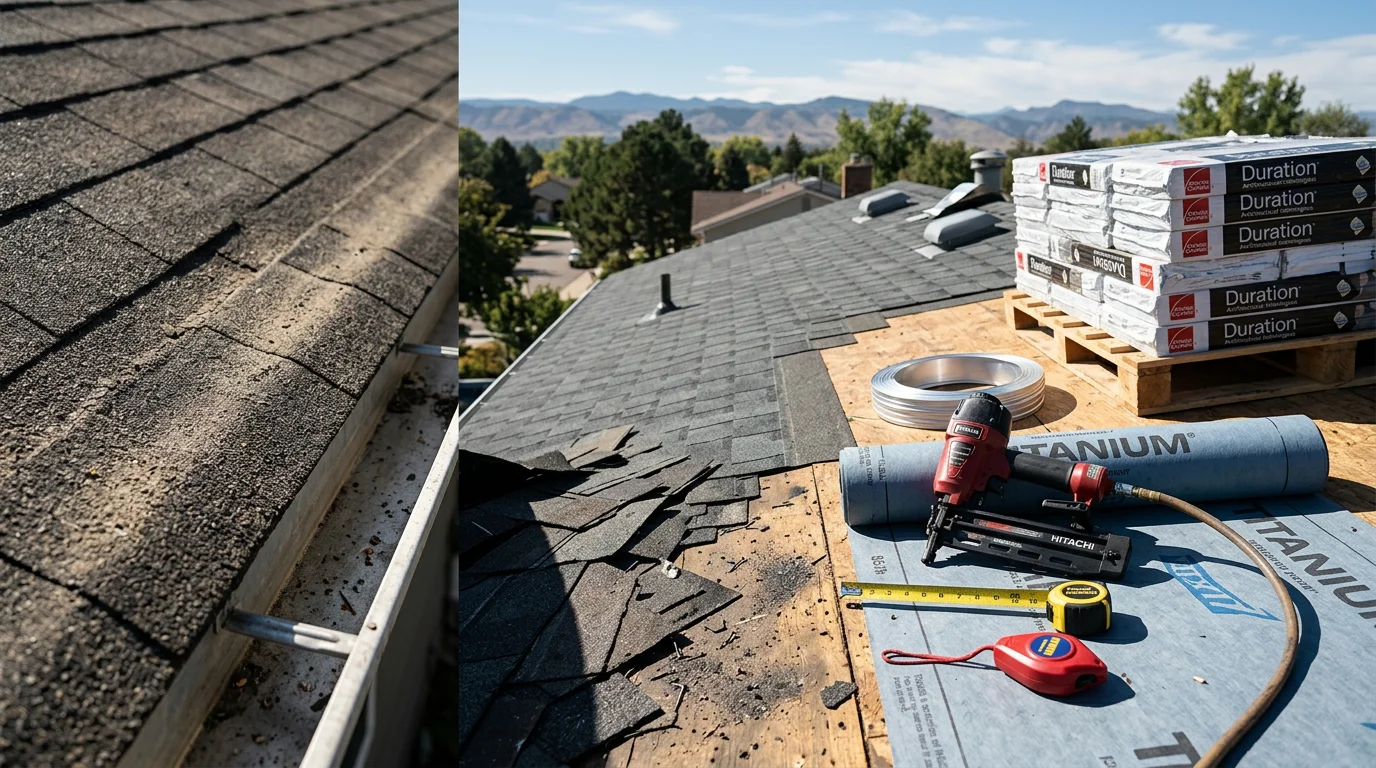 A residential roof replacement in progress on a single-family home in Littleton, Colorado, with new shingles being installed against a backdrop of Front Range foothills. A completed residential roof on a Littleton home showing clean ridge lines and new flashing around the chimney.