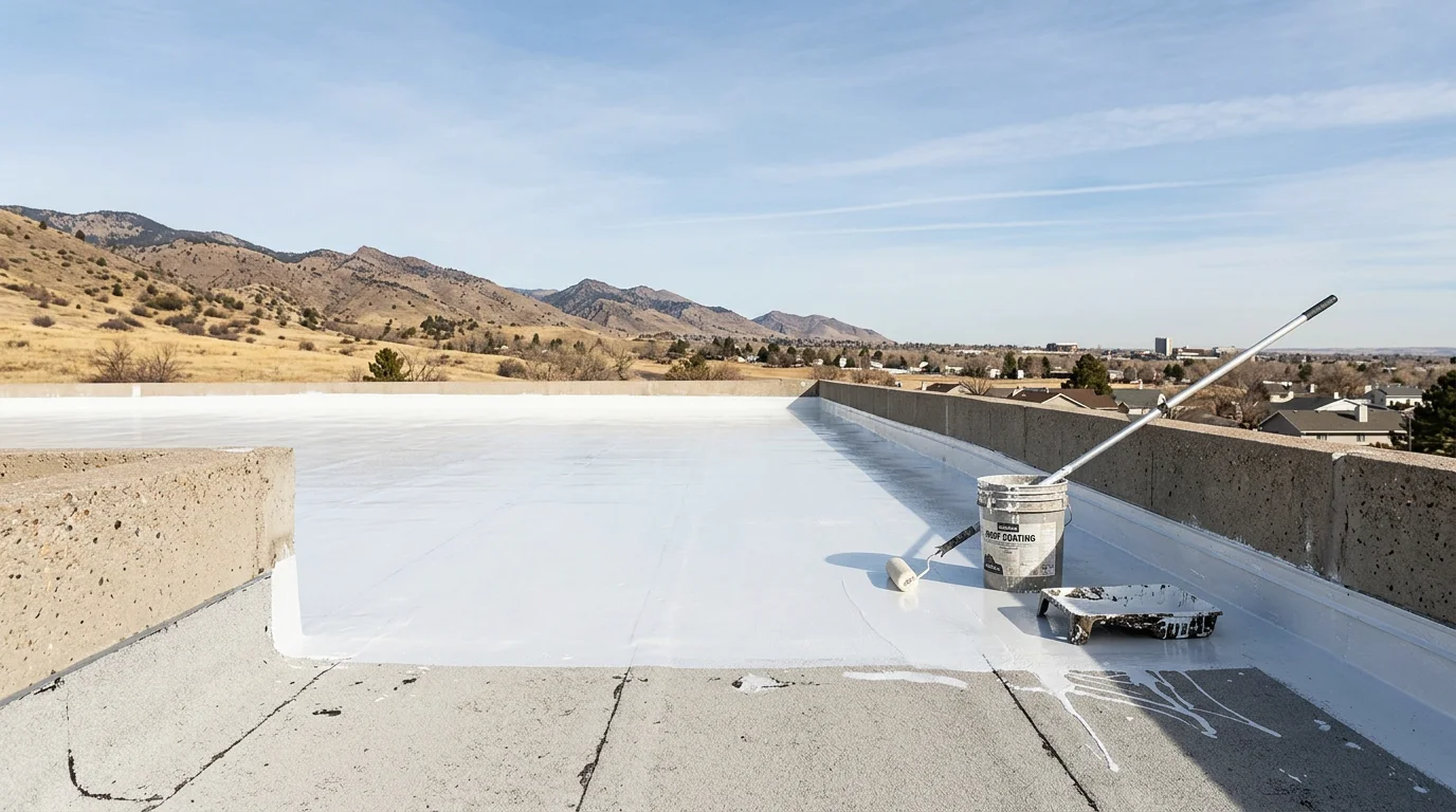 A flat commercial roof in Littleton, Colorado with a freshly applied reflective coating covering the full membrane surface. The coating creates a smooth, light-colored waterproof layer across the low-slope roof under a clear Colorado sky.