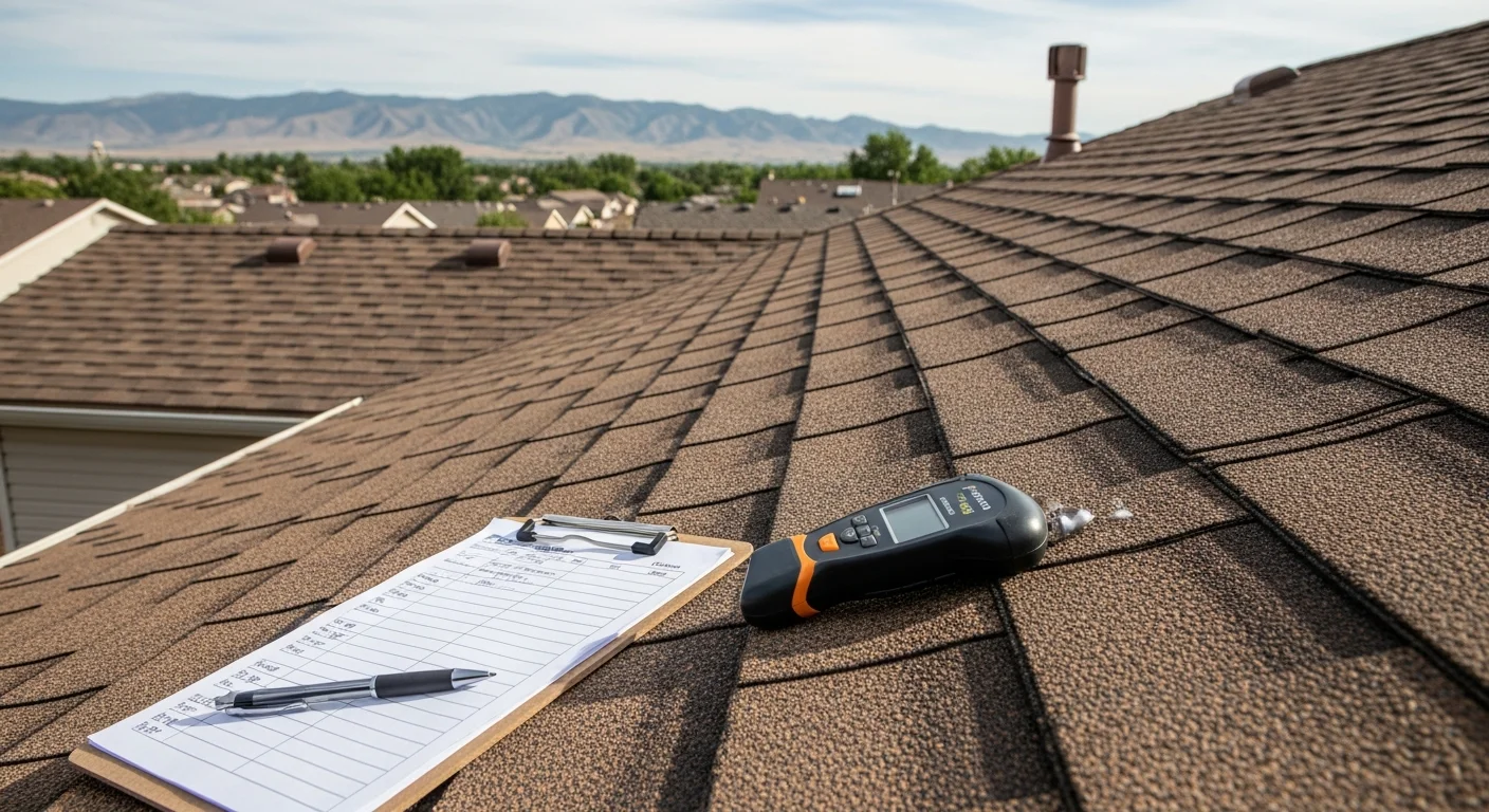 A Crestline Exteriors roofing contractor inspecting shingles and flashing on a residential roof in Littleton, Colorado. Close-up view showing granule condition and flashing detail against a clear Front Range sky.