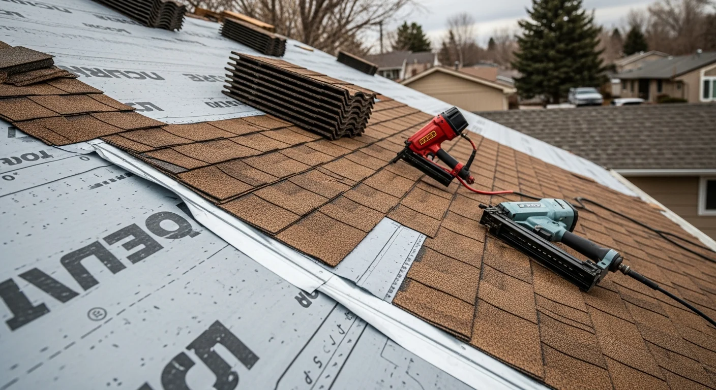 A completed residential roof installation on a Littleton, Colorado home showing new shingles, drip edge, and ridge cap against a clear Front Range sky. The finished roof covers a single-story suburban home typical of Littleton's established neighborhoods.