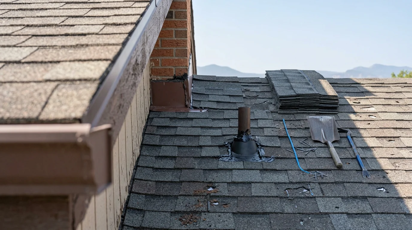 A roofing contractor repairing wind-lifted shingles and flashing on a residential home in Littleton, Colorado. Close-up view of the repair area showing the Front Range foothills in the background.