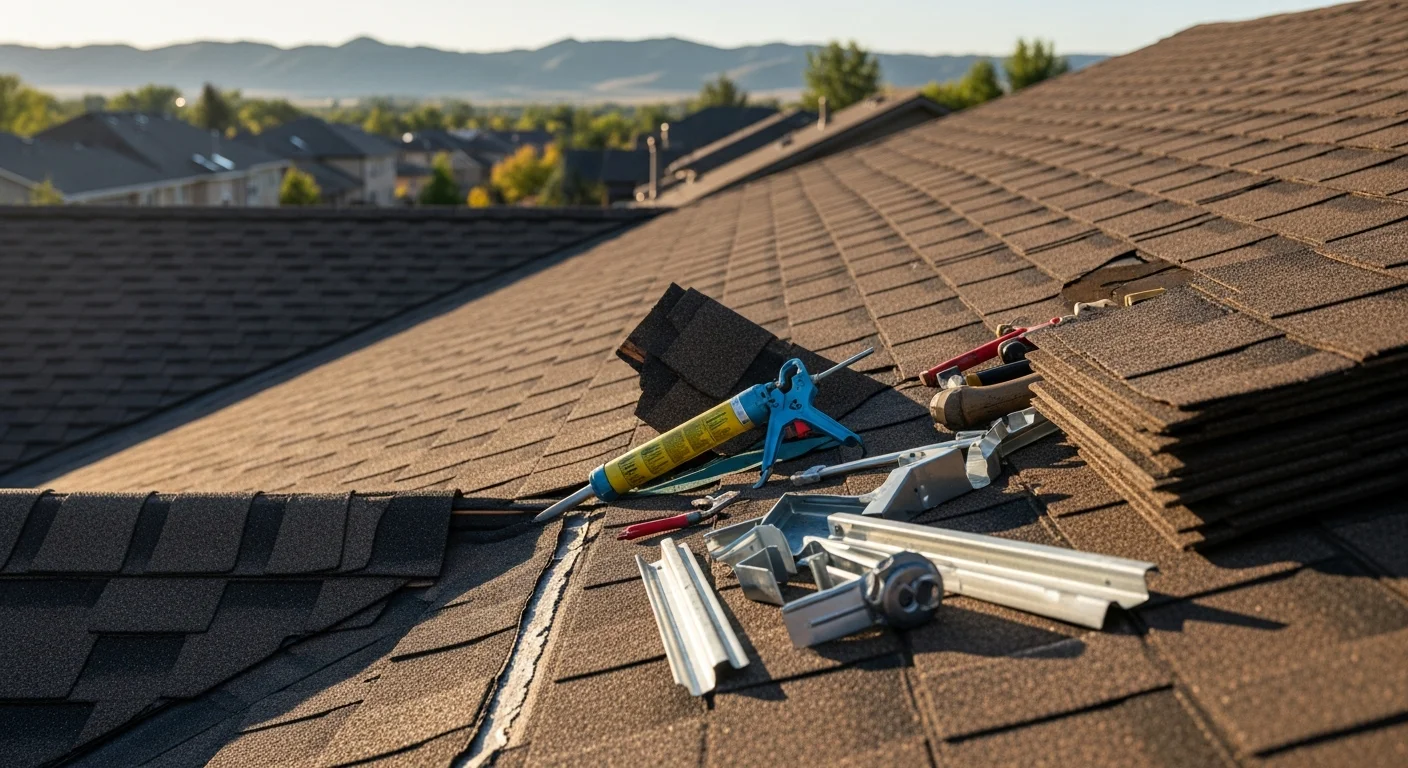 A Crestline Exteriors crew member inspecting storm-damaged shingles and flashing on a residential roof in Littleton, Colorado. Close-up view shows granule loss and lifted shingle edges consistent with Front Range hail impact.