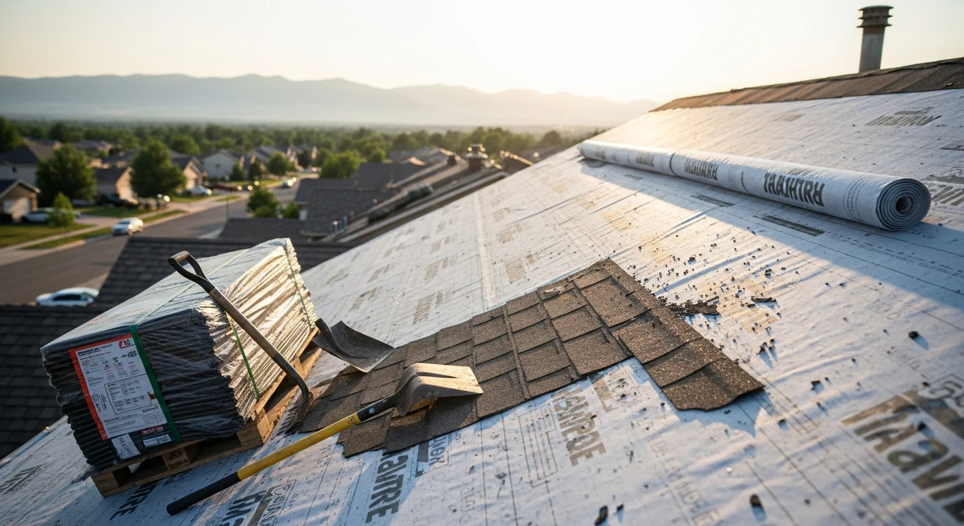A Littleton, Colorado home with a completed roof replacement showing new shingles installed from ridge to eave on a residential property. The finished roof reflects a full tear-off and reinstall typical of Front Range homes after hail season damage.