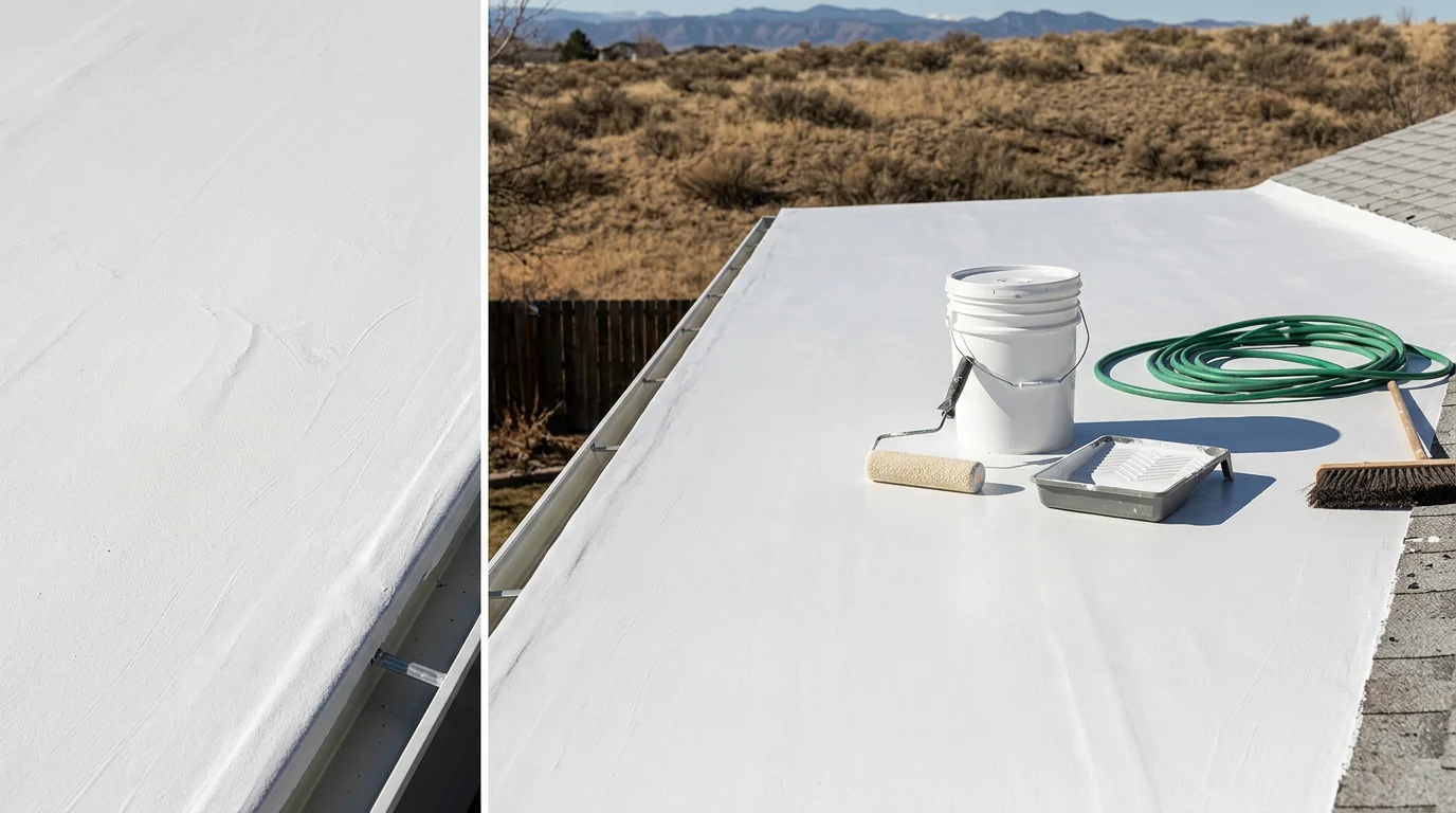 A Littleton, Colorado home with a freshly applied reflective roof coating on a low-slope roof surface under a clear blue sky. The coating shows a smooth, uniform finish across the entire roof field with no visible seams or cracks.