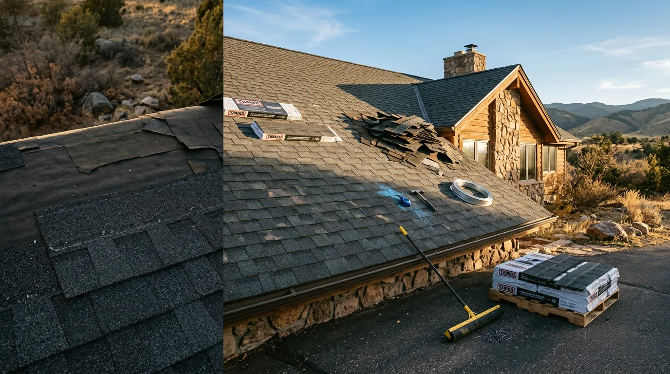A residential roof in Littleton, Colorado showing a completed roofing project on a single-family home with the Front Range foothills visible in the background. The image shows clean rooflines and properly installed roofing on a typical suburban Colorado home.