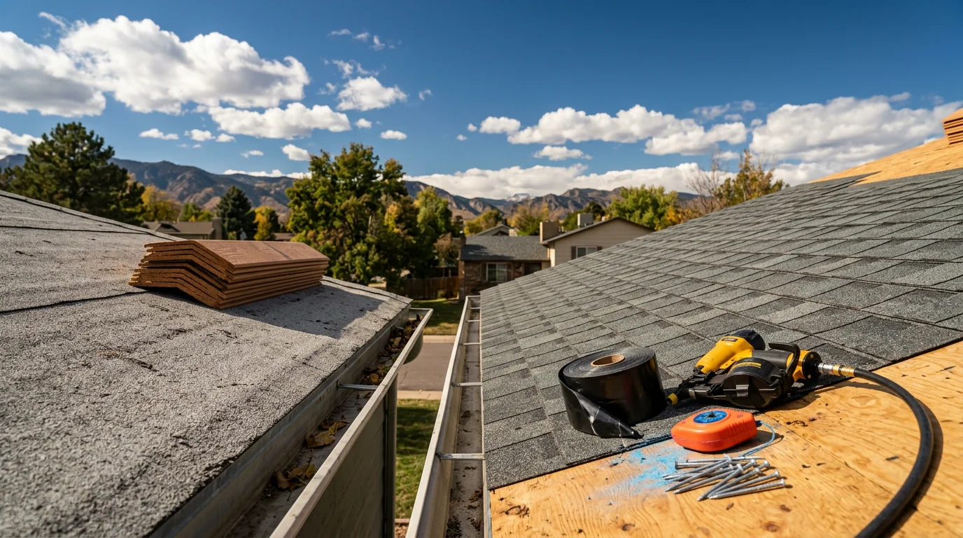 A residential roof in Littleton, Colorado showing a completed roofing project against a backdrop of Front Range foothills. The home sits in a suburban neighborhood typical of the Jefferson County and Arapahoe County border area.