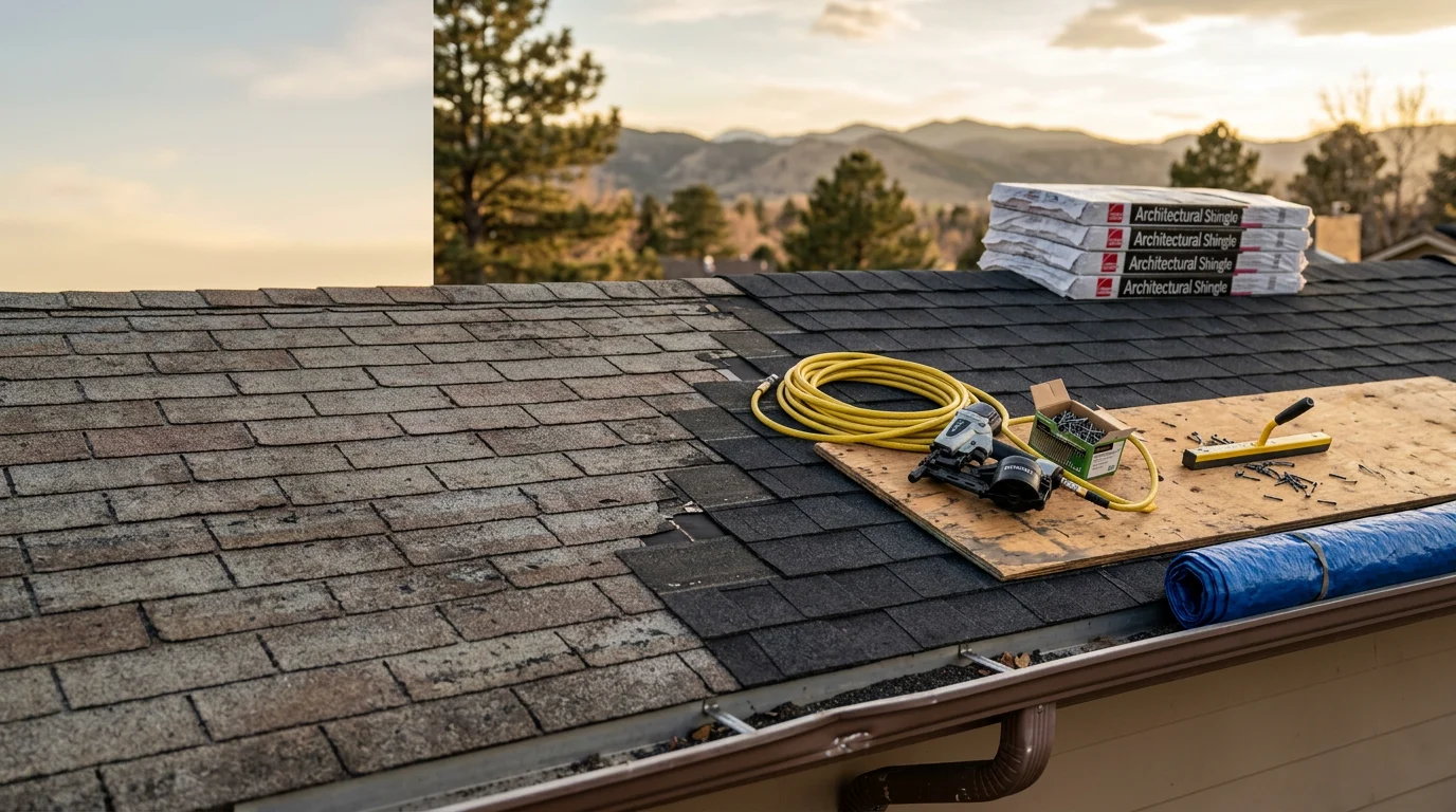 A residential roof on a Littleton, Colorado home showing a completed roofing installation with clean ridge lines and intact shingles against a Colorado Front Range sky. The finished roof reflects the type of storm-ready work Crestline Exteriors performs across the south Denver metro area.