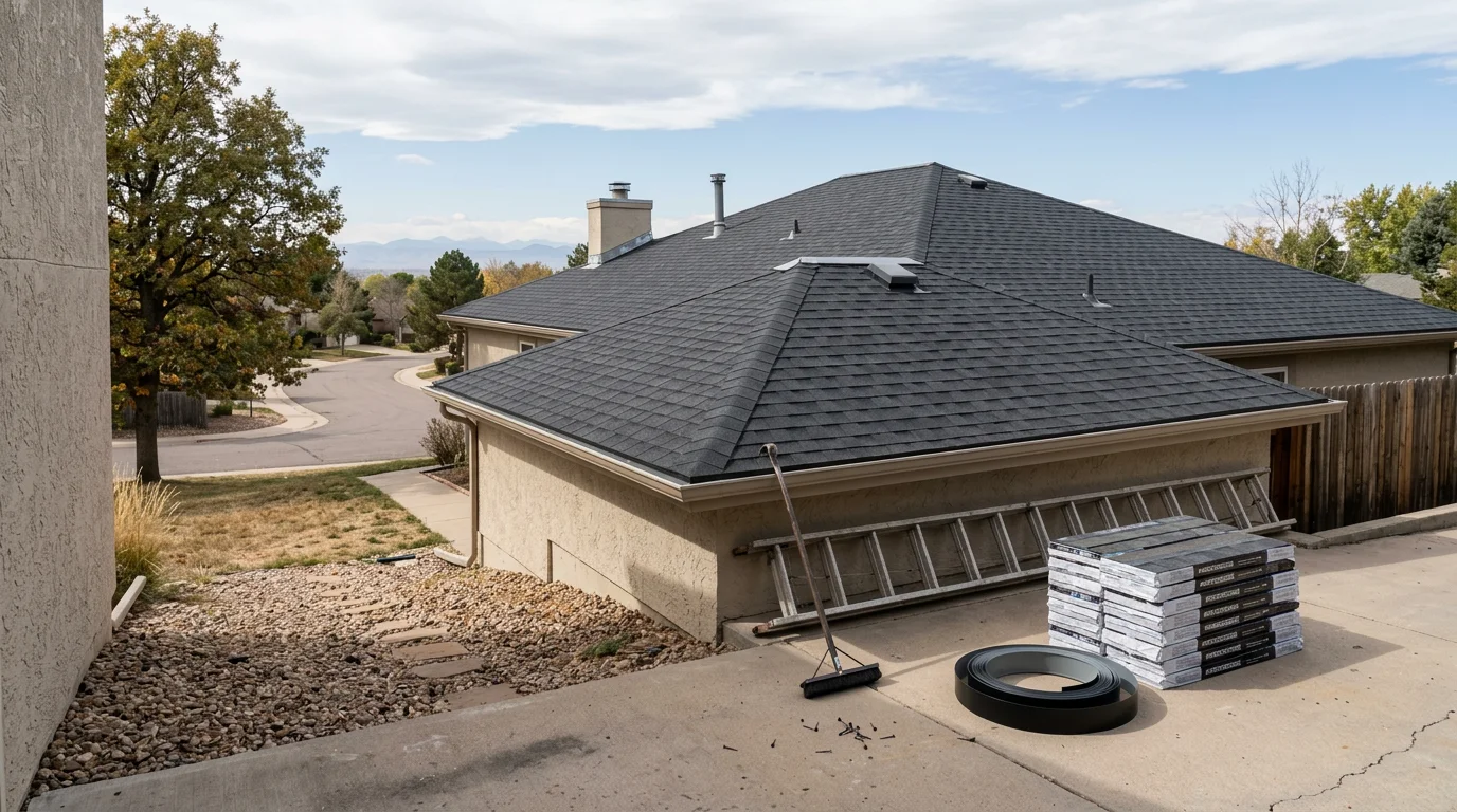 A residential roof in Littleton, Colorado showing completed roofing work on a single-family home with Front Range foothills visible in the background. Crestline Exteriors roofing contractor serving the greater Denver metro area.