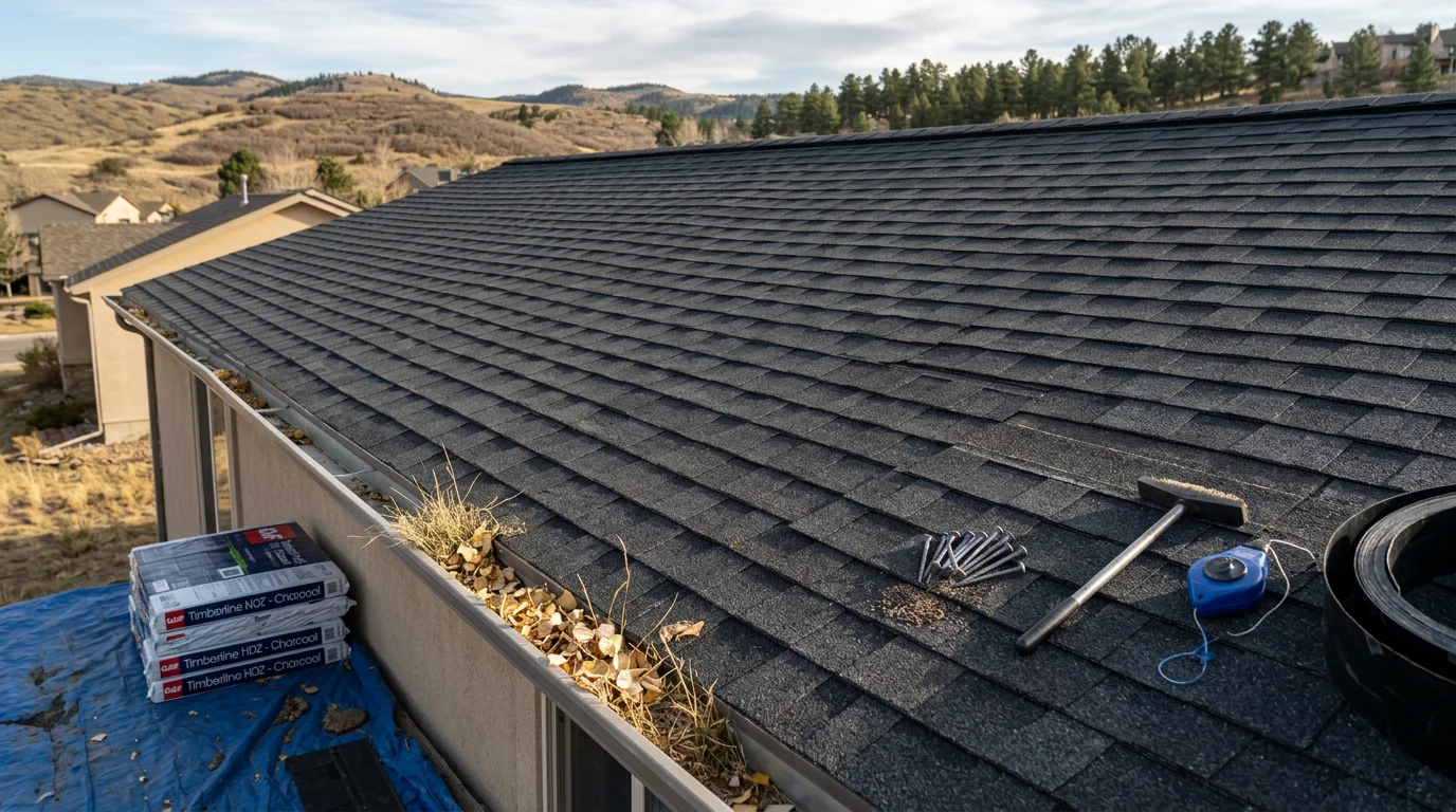 A residential roof in Littleton, Colorado showing completed roofing contractor work against a Front Range sky. The finished roof features clean ridge lines and uniform shingles on a suburban home typical of the Littleton and Highlands Ranch area.