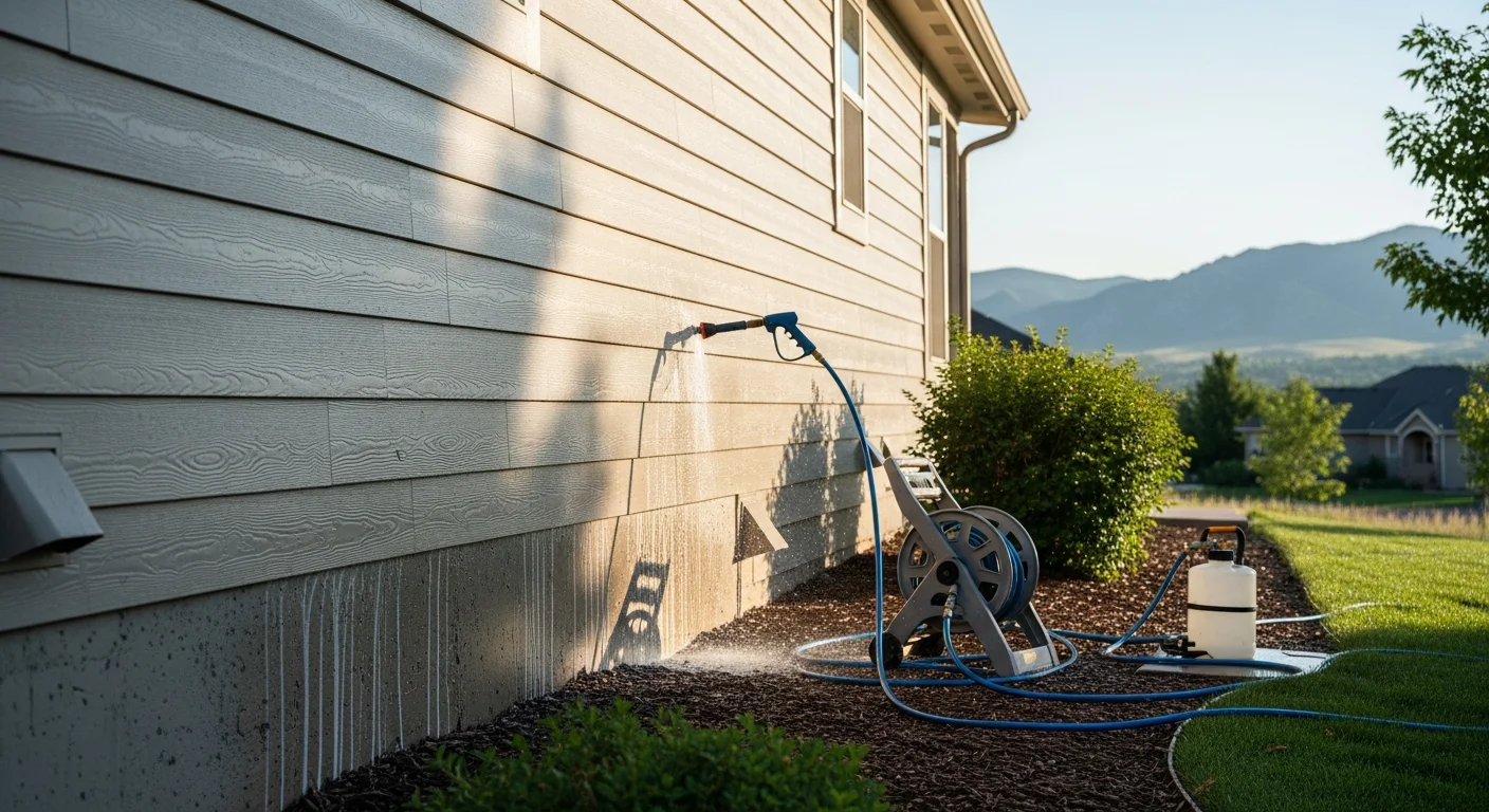 A Littleton residential home exterior after professional siding cleaning, showing clean panels free of mold streaks and dirt buildup. A Crestline Exteriors technician works along the front elevation using a low-pressure soft wash system.