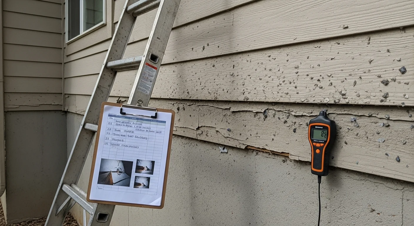A Crestline Exteriors contractor inspecting the exterior siding panels and trim on a residential home in Littleton, Colorado. Close-up view showing a careful check of seams and window edges for hail impact marks and moisture damage.