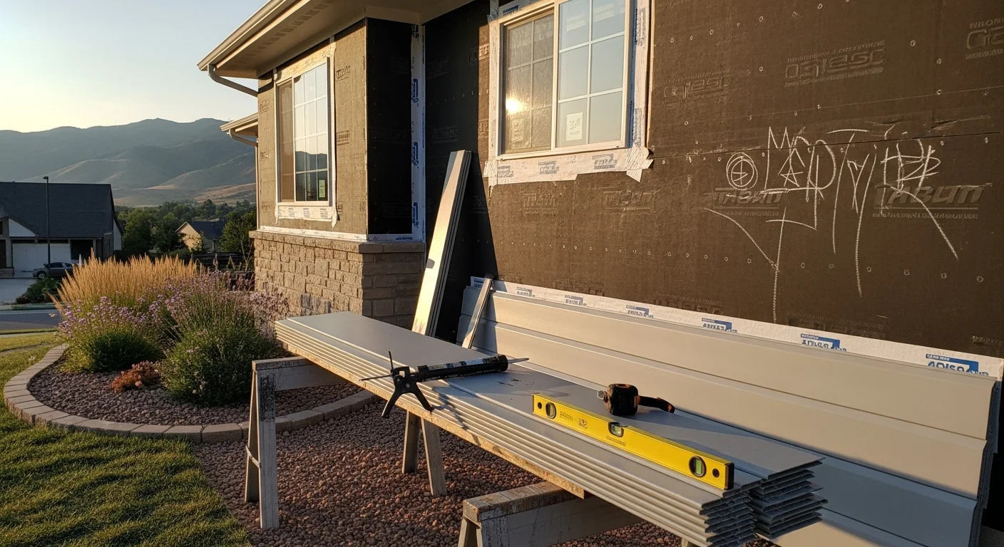 A Littleton, Colorado home with newly installed exterior siding, showing clean panel lines, finished trim around windows, and a consistent color against a blue Colorado sky. Crestline Exteriors siding installation on a single-family residential property in Littleton.