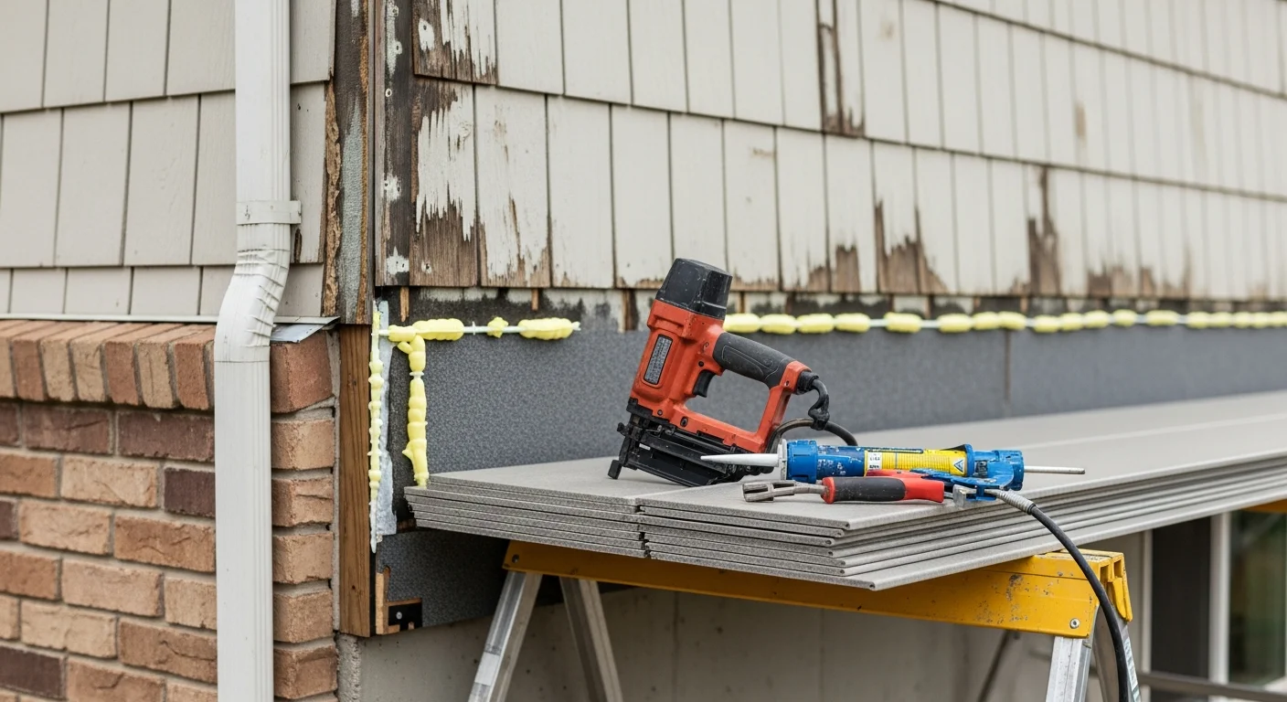 A Littleton contractor repairing cracked and weather-worn exterior siding panels on a single-family home. Repaired sections show clean panel alignment and fresh caulk at trim joints.
