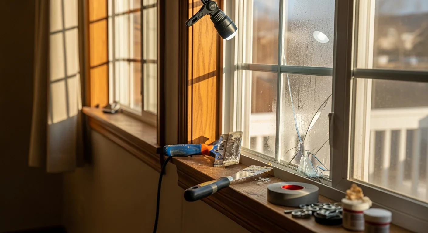 A Crestline Exteriors technician inspecting a damaged double-pane window frame on a residential home in Littleton, Colorado. Close-up view shows a failed seal and weatherstripping being assessed for repair.