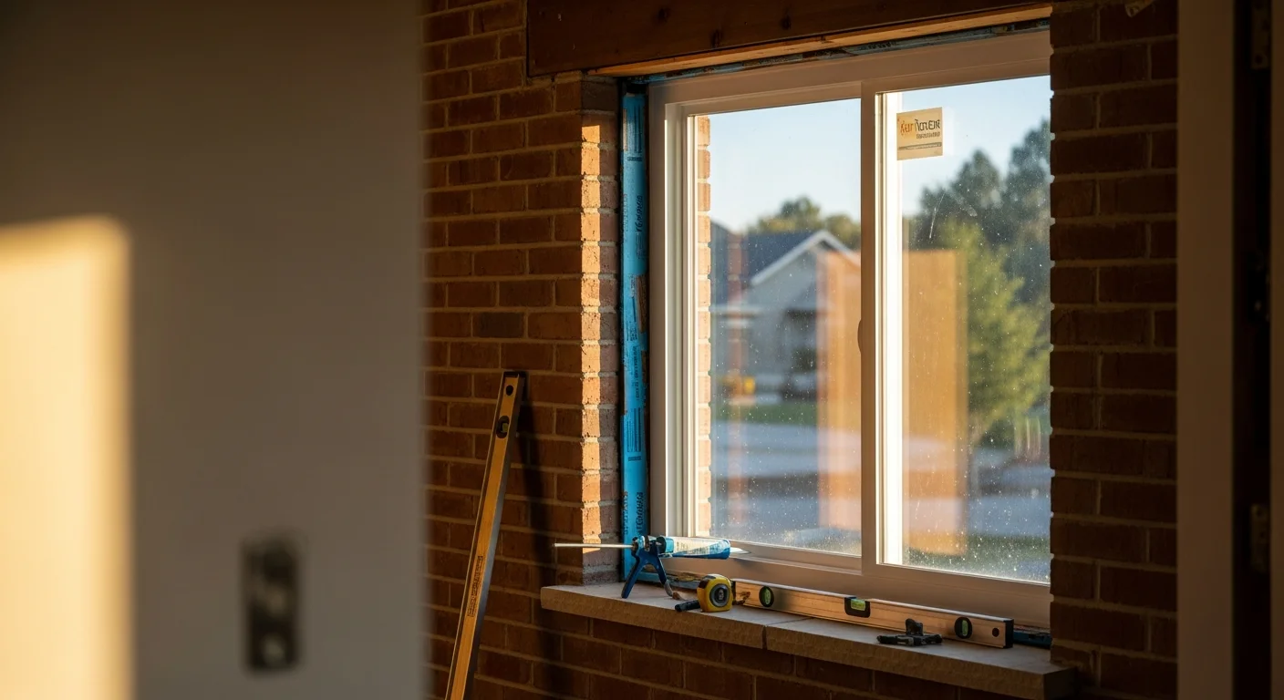 A Littleton, Colorado home exterior showing newly installed replacement windows with clean frames and no visible seal damage. A Crestline Exteriors crew member inspects the finished installation from outside the single-story residential property.